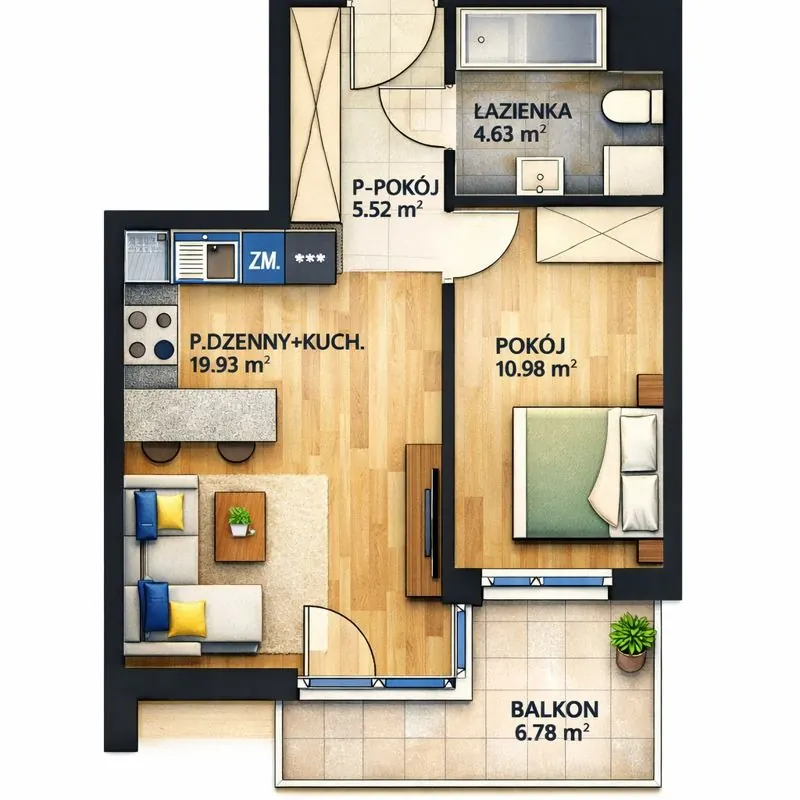 Rzut 2D mieszkania 2-pokojowego: łazienka 4,63 m², przedpokój 5,52 m², pokój dzienny z kuchnią 19,93 m², pokój 10,98 m², balkon 6,78 m²